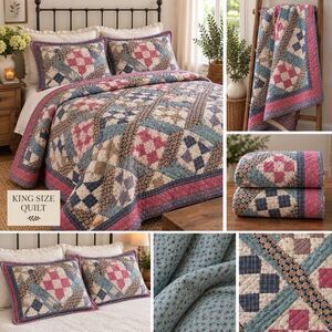 Patchwork Quilt Multicolor Floral Reversible Quilted Cotton 82x90 Machine Wash